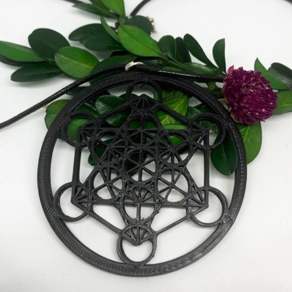 Handmade New 3D Printed Black Metatron Cube Sterling Silver Leather Necklace - Picture 10 of 15